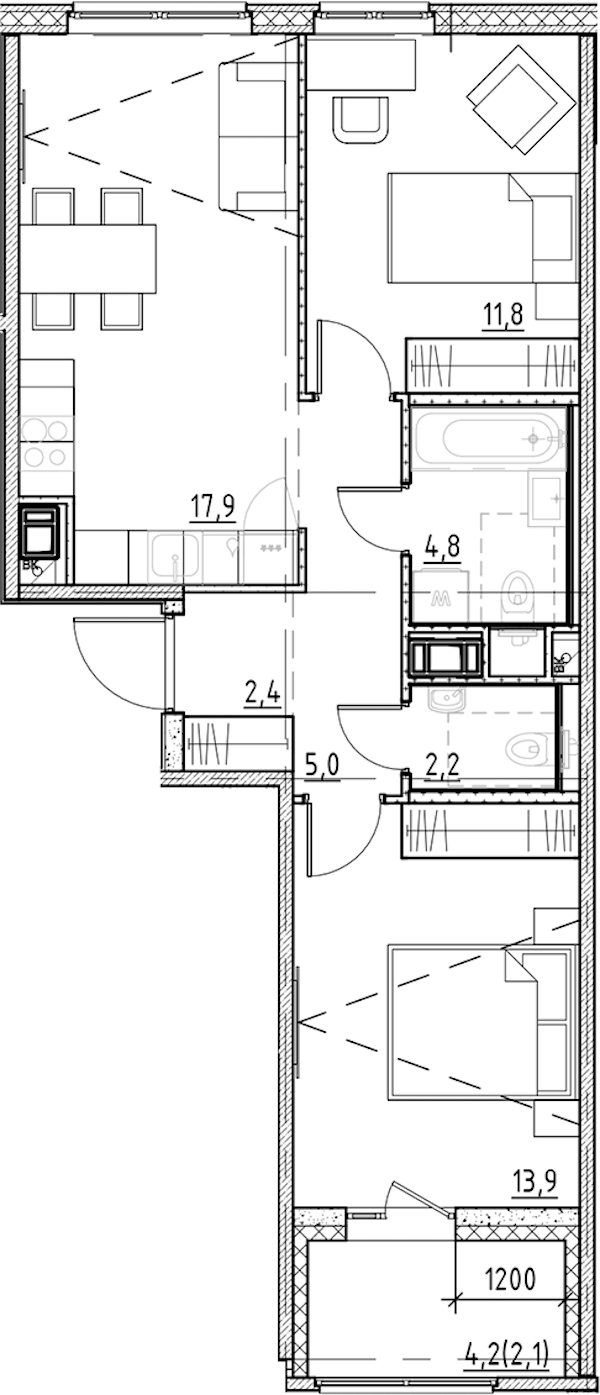 2-комнатная квартира 60.1 м², 3/8 эт., ЖК «Янила Форест»